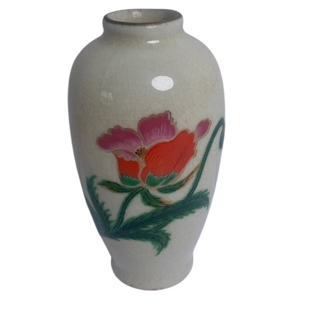 Vintage Homco Miniature Bud Vase Japan Crackle Glaze Floral Pink Orange Poppy 4"